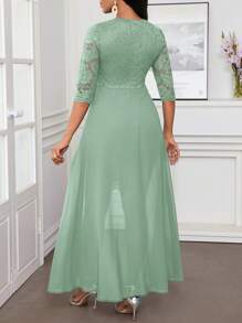 SHEIN Lady Autumn And Winter Christmas Party Dress Elegant Green Lace Round NeckAsymmetrical Flowy - Mint Green - View 2