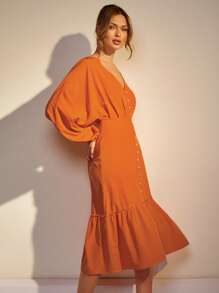 COSMINA Robe midi élégante monocolor à manches chauve-souris pour navetteurs pour femmes - Orange - Voir 6