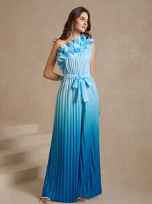 Amorya 女式不对称领口无袖荷叶边领口褶皱下摆系带渐变色连体裤，优雅适合日常穿着，春夏季 - 藍色 - 查看 5