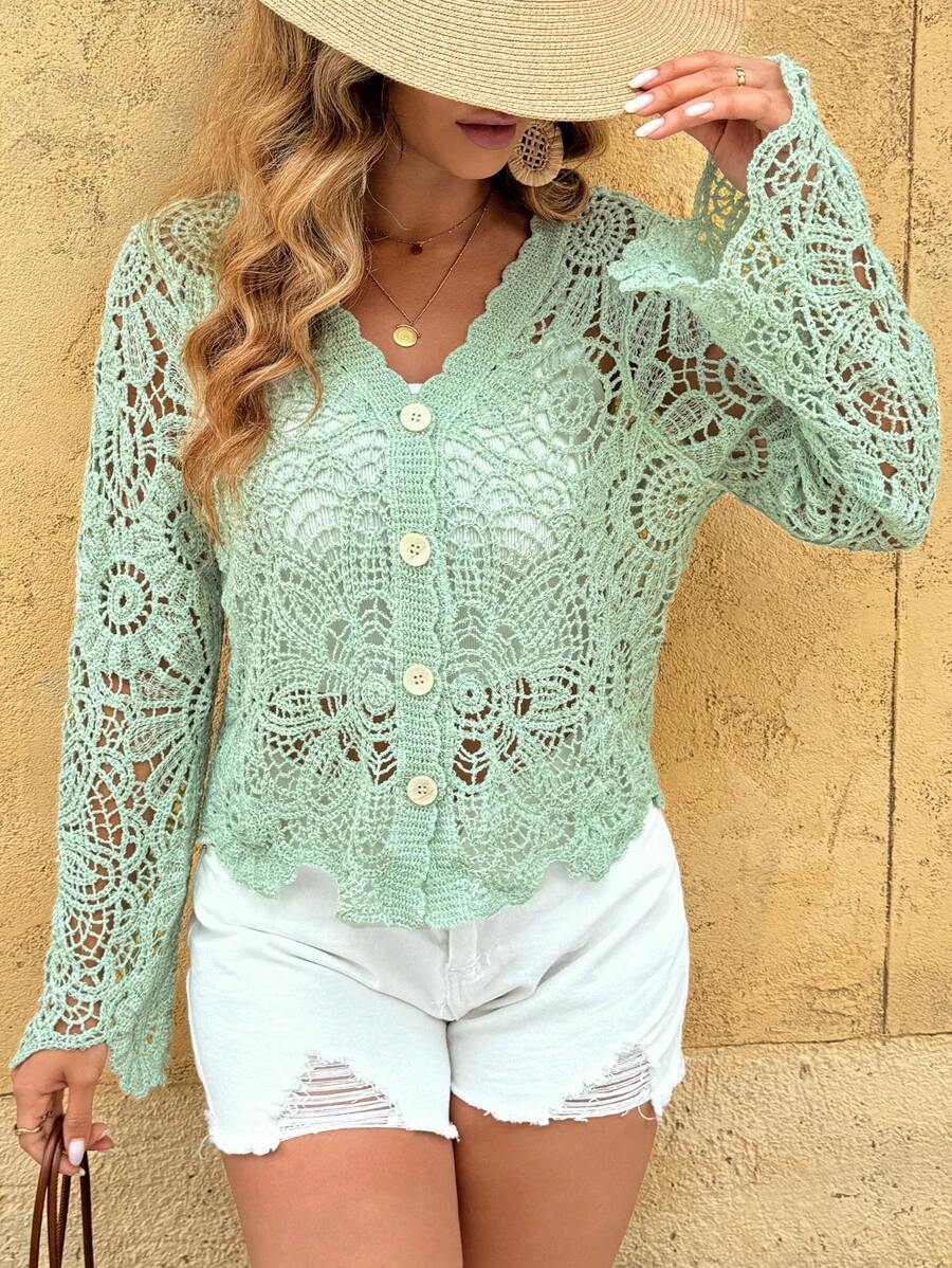 SHEIN VCAY 大码女式度假长袖单排扣刺绣蕾丝开衫 - 薄荷綠 - 查看 1