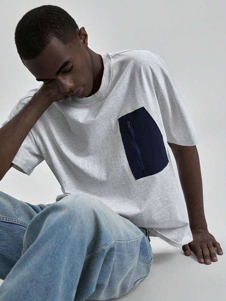 Ontre Herr sommarfärgblocks-dragkedja med kortärmad casual-t-shirt, lämplig för 4 juli/självständighetsdagen, patriotisk stolthet, strand, födelsedagsfest, lärarklädsel, högtider och avslappnade sammankomster - Grå - Visa 1