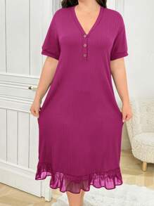 纯色蕾丝边罗纹针织睡袍 - 玫紅色 - 查看 3