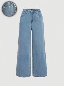 SHEIN MOD Women's Casual Distressed Rhinestone Embellished Wide Leg Jeans - Blue - View 5