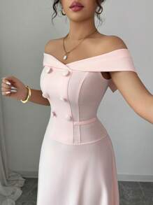 Elenzga 1pc Women's Off-Shoulder Waist Cinching A-Line Elegant Romantic Commuting Dress - Coral Pink - View 5