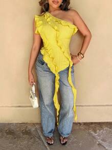 Sirith 女式不对称荷叶边优雅不对称领口衬衫，黄色上衣，合身腰部，绉布面料 - 黃色 - 查看 4