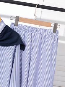 3pcs Tween Girls Striped Long Sleeve Shirt + Wide Leg Striped Pants + Shawl Casual Set Fall Winter - Navy Blue - View 6