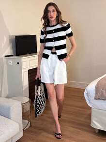 Pariaura French Casual Style Slim Fit Round Neck Short Sleeved Woolen Striped Waist Cinched Black And White Women's Spring And Summer Cardigans Women's Outdoor Tops