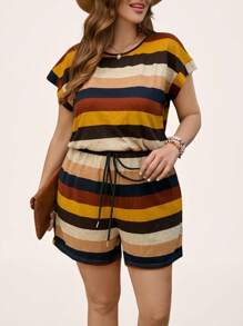 SHEIN LUNE Plus Size Feminino Verão Colorido Listrado Cintura Cordão Macacão Mulheres Roupas de Verão