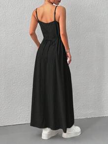 SHEIN EZwear 女士黑色编织细肩带露背海滩度假连衣裙 - 黑色 - 查看 6