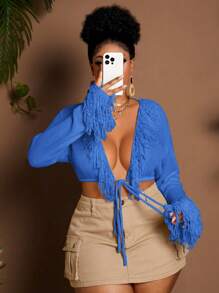 Maweii Áo khoác cardigan tua rua dài tay cỡ lớn cho nữ, đi chơi mùa xuân hè, đi biển - Màu xanh lam - Xem 6