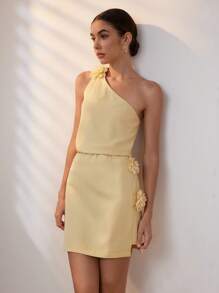 Uhlyne Blumiges Patchwork Design One-Shoulder Top & Mini Rock Set, Sommer Neuankömmling