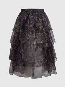 ROMWE Avant Plus Size High Waist Floral Pleated Vintage Palace Style Skirt - Multicolor - View 2