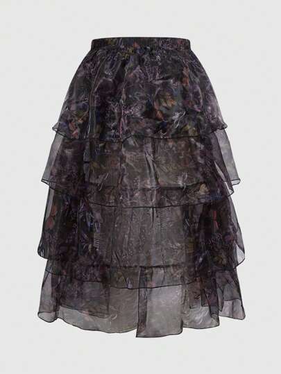 ROMWE Avant Plus Size High Waist Floral Pleated Vintage Palace Style Skirt