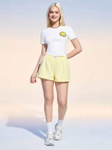 SmileyWorld® | SHEIN Áo thun cổ tròn tay ngắn họa tiết mặt cười dành cho nữ, mùa hè - trắng - Xem 6