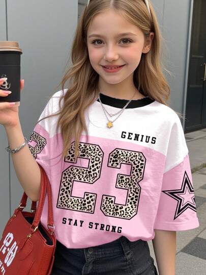 SHEIN Leap Crew 运动休闲豹纹数字和星星图案，青少年女孩宽松短袖图案 T 恤，夏季