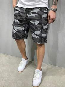 Manfinity Homme Loose Men Flap Pocket Drawstring Waist Camo Print Cargo Shorts - Dark Grey - View 3