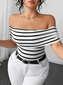 Elenzga Body de mujer talla grande con hombros descubiertos y plisado a rayas - Blanco y Negro - Ver 6