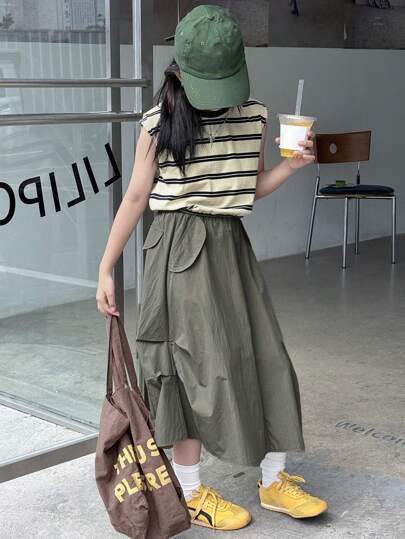 Dazy Kids 新款宽松背心+短袖T恤+工装裤套装，两件套，适合青少年女孩，秋季街头风穿搭