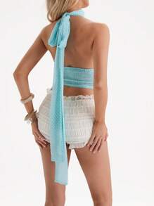 Glamine Top corto estilo k-pop con lunares y cuello de halter para mujer