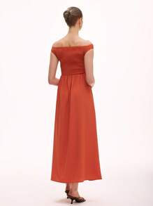 SHEIN Unity 女士优雅简约休闲纯色露肩A字连衣裙 - 紅木色 - 查看 2