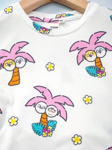 SEALOOK X SHEIN Conjunto de camiseta de manga corta blanca y shorts de verano de estilo casual con estampado de foca de dibujos animados, palmera y flores para niñas