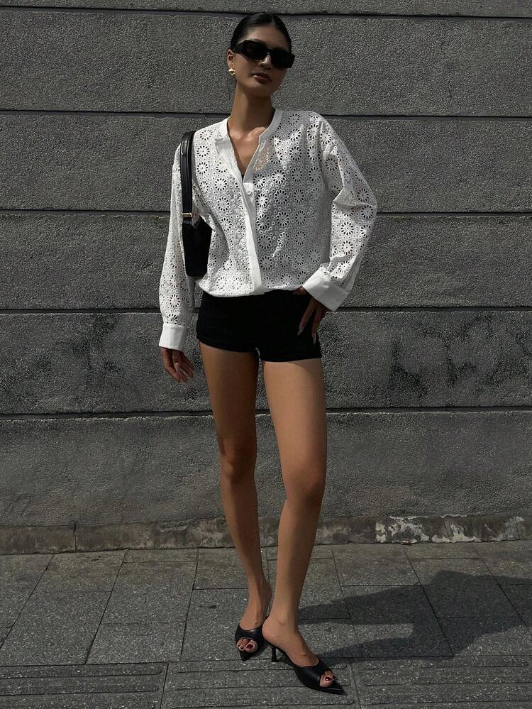 Women's Crew Neck Contrast Lace Loose Sheer Long Sleeve Shirt