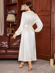 SHEIN 女士睡衣蕾丝花边领优雅灯笼长袖长浴袍奢华家居服 - 杏色 - 查看 2