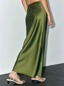 Lumivelle 女士优雅休闲缎面高腰弹力直筒绿色半身裙