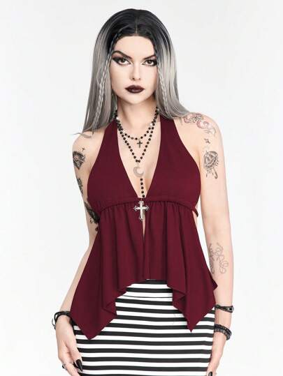 Goth Débardeur pour femmes à fines bretelles avec dos ouvert, décoré de pendentif croix en strass, style Y2K sexy