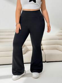 Solflare Pantalones anchos de punto elástico de cintura alta con bolsillos para mujer talla grande, para uso casual, yoga, al aire libre, de vuelta al colegio, para otoño e invierno, color negro sólido, con leggings de bolsillos