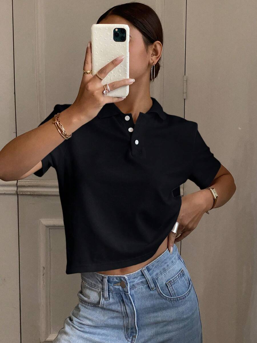 女士夏季纯色宽松短袖休闲 Polo 衫，商务休闲女装 - 黑色 - 查看 1
