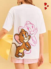 TOM & JERRY X SHEIN Women's Couple Y2K Street White Cute Jerry Cartoon Pattern Crew Neck Short Sleeve T-Shirt, Summer