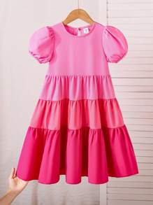 Vestido casual de línea A midi con mangas abullonadas, diseño de capa degradada para niñas (talla pequeña)