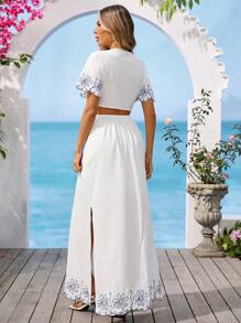 Vivid Eden 女式波西米亚风刺绣度假前系带短袖长裙，夏季服装，度假风格，适合海滩度假，波西米亚风女装，秋季女装，女式机场装，白色连衣裙 - 白色 - 查看 2