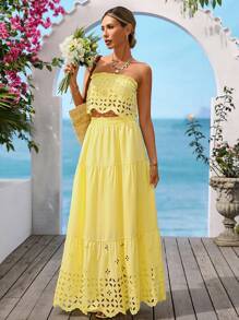 Vivid Eden 女士夏季度假休闲抹胸长裙两件套日常穿着，女士夏季服装，度假风格，黄色两件套，度假服装，可爱夏季上衣，海滩度假服装 - 黃色 - 查看 4