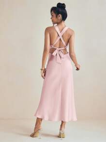 Amiko Spring Summer Bias Drape Pink Satin Slip Dress With Tie Back Women Elegant Dress Vacation - Baby Pink - View 6
