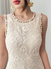 DAZY Ladies Lace Crew Neck Sleeveless Mid-Calf Dress,Formal Women Dresses Maxi Dress - Beige - View 3