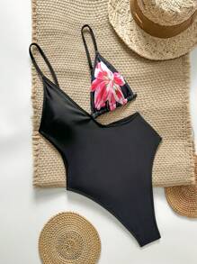 Swim SXY 女式夏季纯色定位印花细肩带性感连体泳衣 - 黑色 - 查看 3