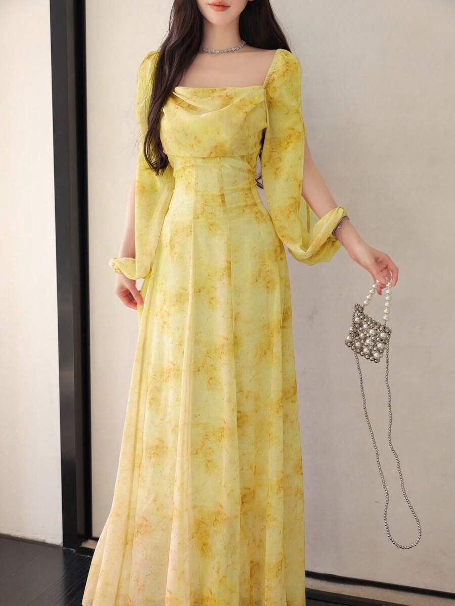 Modelyn Women's Chiffon Ditsy Floral Draped Neck Waisted Flared Hem Elegant Resort Dress Fall Cloth For Women - Yellow - View 1