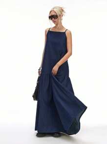 LYSMO Váy Maxi Denim Viền Xếp Nếp Thường Ngày Cho Nữ, Mùa Hè - Màu xanh lam - Xem 5