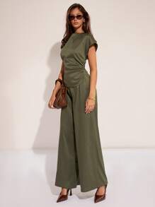 COSMINA Women's Solid-Color Crew Neck Batwing Sleeve Pleated Elegant Jumpsuit, Summer - Army Green - View 3