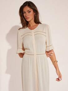 COSMINA Women's Solid Color Short Sleeve Round Neck Single-Breasted Casual Mid-Length Dress - Khaki - View 6