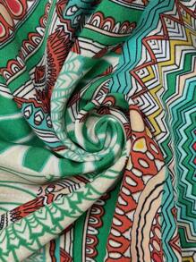 SHEIN LUNE 2 piezas Pantalones holgados con volantes y estampado bohemio colorido para vacaciones para mujeres de talla grande