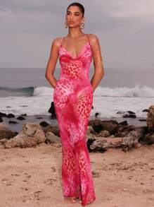 Opulessa Beach Vacation Holiday Outfits Vacation Women's Plunging Neckline Leopard Print Maxi Slip Dress,Sexy Elegant Party,Graduation,Prom,Luxury Evening,Autumn Winter Clothes For Women,  Christmas Outfit For Women, National Day,  New Year Clothes,  Going Out Outfit, Mermaid, Bohemian Outfits, Ibiza Outfits, Western Style - Hot Pink - View 3
