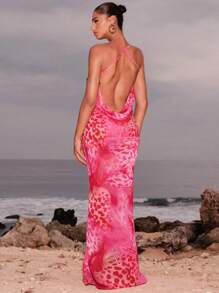 Opulessa Beach Vacation Holiday Outfits Vacation Women's Plunging Neckline Leopard Print Maxi Slip Dress,Sexy Elegant Party,Graduation,Prom,Luxury Evening,Autumn Winter Clothes For Women,  Christmas Outfit For Women, National Day,  New Year Clothes,  Going Out Outfit, Mermaid, Bohemian Outfits, Ibiza Outfits, Western Style - Hot Pink - View 5