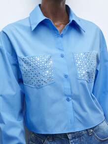 Maija Women's Rhinestone Decor Design Collar Front Open Long Sleeve Short Urban Fashion Shirt, Spring/Summer Business Casual Women's Wear, Office Wear, Low-Key Old Money Style, Effortless Temperament, High-End Urban Commuting, The Same Style As The Editor-In-Chief Of The Magazine, Urban Social Vacation Party Wear, Charming, Low-Key And Durable Basic Style, Versatile And Not Picky Clothing, Street Fashion Wear, Clothing, Coffee Shop, Relaxed Wear - Blue - View 7