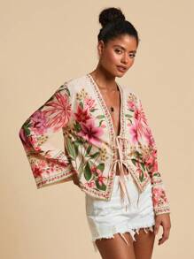 Travachic 梭织印花长袖短款宽松女式衬衫，女士夏季装、沙滩装、春夏季装、复活节、节假日、女士海滩装、春假装、女士度假装、音乐会装、波西米亚风、波西米亚风、音乐节装、热销款、热带度假女装 - 卡其色 - 查看 4