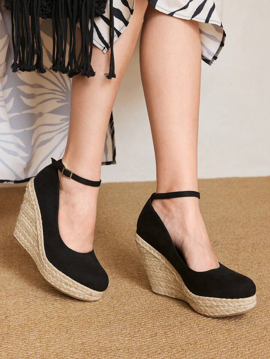 Styleloop Women's Fashion Black Suede Material Ankle Strap Rope Sole Casual Low Vamp Waterproof Platform One-Buckle Wedge Heel Pumps, Versatile For Commute, Date, Party, Holiday, Music Festival, Bohemian Style - Black - View 1