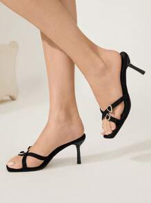 CUCCOO CHICEST 女士夏季新款闪亮水晶心形扣带方头细高跟鞋优雅简约时尚黑色仿麂皮高跟凉鞋，适合下午茶、约会、度假 - 黑色 - 查看 5