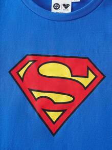 SUPERMAN X SHEIN Young Boy Cartoon Superhero Print Loose Fit Blue Short Sleeve T-Shirt, Stylish